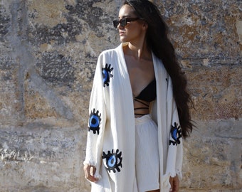 Organic Evil Eye Cotton Robe, Fringes Muslin Kimono, , Cotton Kaftan, Muslin Robe, Stone Printed Robe