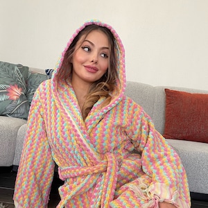 Unique Cotton Hoodie Bathrobe, Thick Handwoven Robe, Turkish Towel Robe, Bridesmaid Robe Powder Colorful