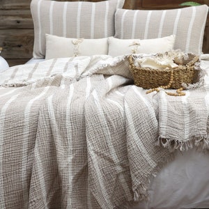Gauze Cotton Striped Blanket, Linen Bedding Set, Muslin Bedspread, Boho Sofa Throw