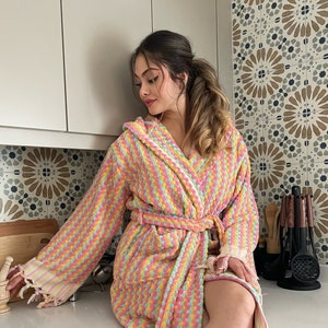 Unique Cotton Hoodie Bathrobe, Thick Handwoven Robe, Turkish Towel Robe, Bridesmaid Robe image 3