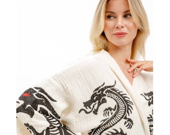 Organic Dragon Muslin Kimono, Dressing Gown, Cotton Robe, Bamboo Caftan