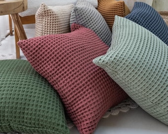 Waffle Pillow Cover – Soft Turkish Cotton Cushion Case, Farmhouse Sofa Decor