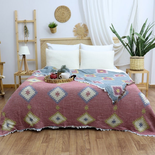 King Size Jacquard Gauze Cotton Bedspread, Muslin Blanket, Boho Bedding, Minimalist Muslin Bedcover