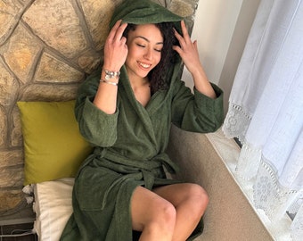 Royal Green Hoodie Cotton Bathrobe, Turkish Cotton Robe, Luxury Bath Wear, Dressing Gown