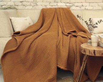 Waffle Cotton Sofa Cover, Soft Sofa Blanket, Boho Sofo Cover, Queen or King Size Bedspread King Shams, Soft Sofa Blanket