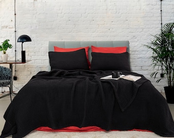Black Waffle Cotton Blanket: Soft Turkish Bedspread, Sofa Throw