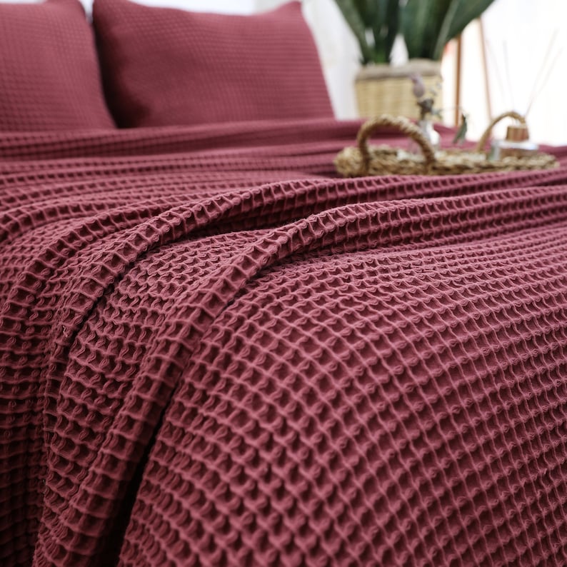 Waffle Cotton Bed Cover, Queen or King Size Bedspread, Soft Bed Throw Cherry