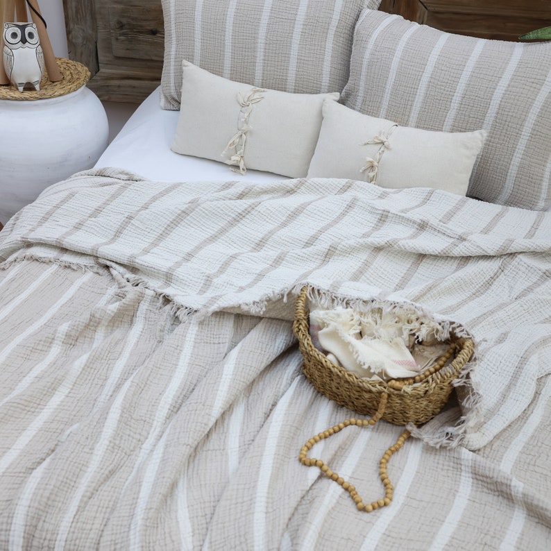 Gauze Cotton Striped Blanket, Linen Bedding Set, Muslin Bedspread, Boho Sofa Throw image 2