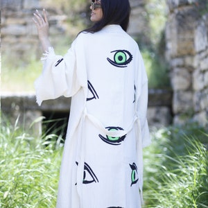 Organic Fringes Muslin Kimono, Evil Eye Cotton Robe, Cotton Kaftan zdjęcie 6