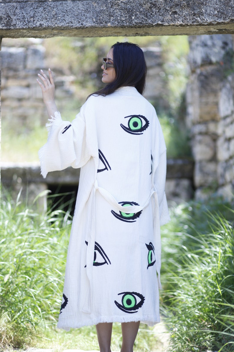 Organic Fringes Muslin Kimono, Evil Eye Cotton Robe, Cotton Kaftan image 6