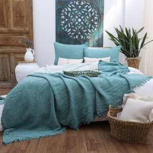 Gauze Cotton Muslin Bed Cover, OEKO-TEX Certified, Queen or King Size Bedspread, Organic Throw Blanket Rich Green