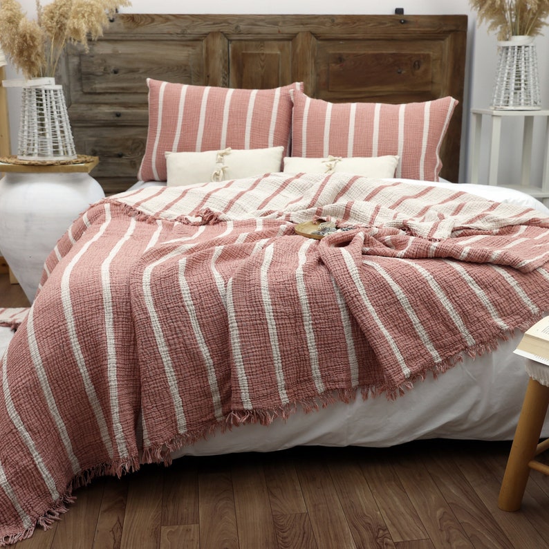 Gauze Cotton Striped Blanket, Linen Bedding Set, Muslin Bedspread, Boho Sofa Throw Terra Rosa