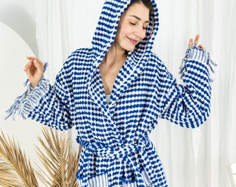 Navy Turkish Cotton Hoodie Robe: Handwoven Cozy Bathrobe