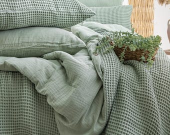 Sage Green Unique Waffle Duvet Cover: Luxury Organic Turkish Cotton Bedding Set, Housewarming gift
