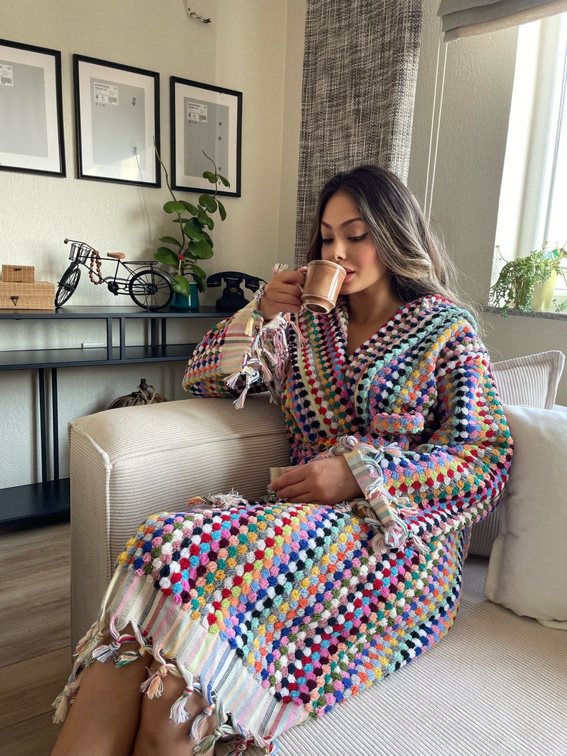 Unique Cotton Hoodie Bathrobe, Thick Handwoven Robe, Turkish Towel Robe, Bridesmaid Robe Colorful