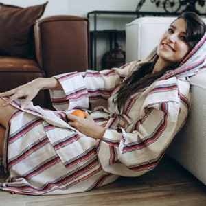 Organic Linen Hooded Robe, Linen Pockets Bathrobe, Thin Dressing Gown, Cotton Bathrobe Red Stripes