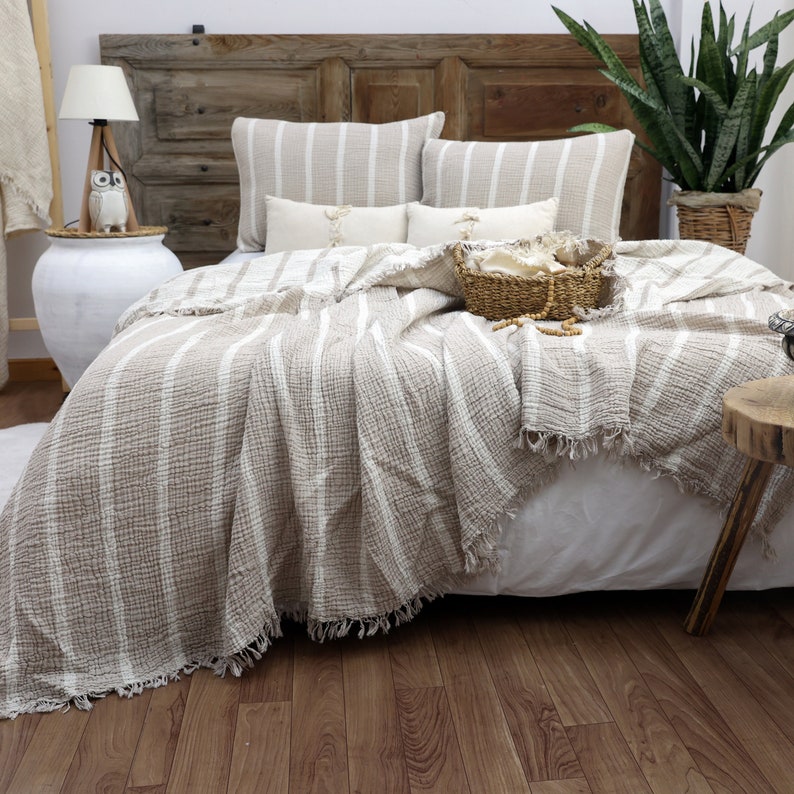 Gauze Cotton Striped Blanket, Linen Bedding Set, Muslin Bedspread, Boho Sofa Throw Mink