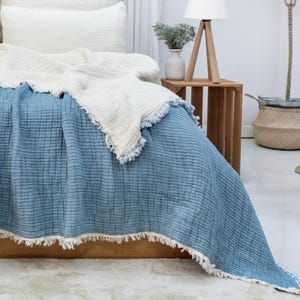 May include: A blue and white textured bedspread with a fringed edge on a bed. The bedspread is made of a soft, woven material. A white pillow and a wooden bedside table with a lamp are also visible.