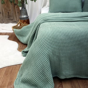 Waffle Cotton Bed Cover, Queen or King Size Bedspread, Soft Bed Throw Sage Green