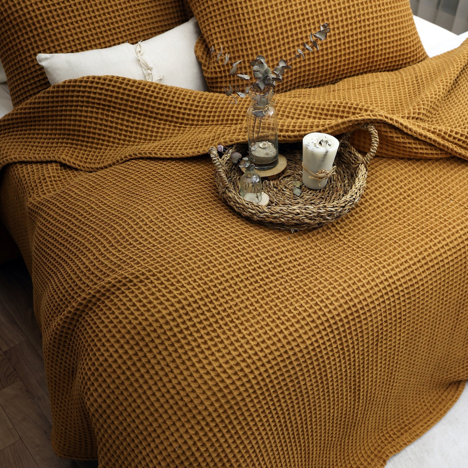 Waffle Cotton Bed Cover, Queen or King Size Bedspread, Soft Bed Throw - Queen Size 90"x95", Caramel Brown