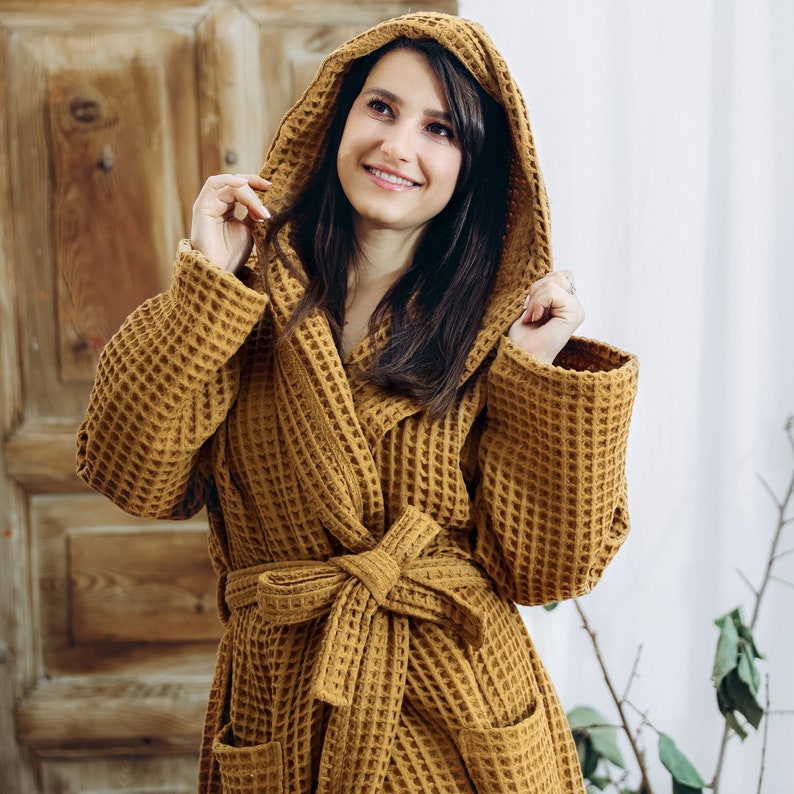 Unique Waffle Cotton Robe, Cotton Bathrobe, Waffle Robe Bridesmaid, Christmas Gift Caramel Brown