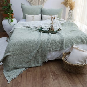 Gauze Cotton Muslin Bed Cover, OEKO-TEX Certified, Queen or King Size Bedspread, Organic Throw Blanket SageGreen - Ecru