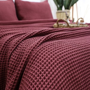 Waffle Cotton Sofa Cover, Soft Sofa Blanket, Boho Sofo Cover, Queen or King Size Bedspread King Shams, Soft Sofa Blanket Cherry