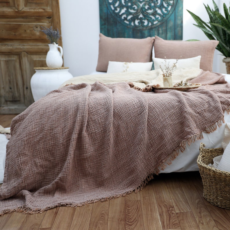 Gauze Cotton Muslin Bed Cover, OEKO-TEX Certified, Queen or King Size Bedspread, Organic Throw Blanket Caramel Brown