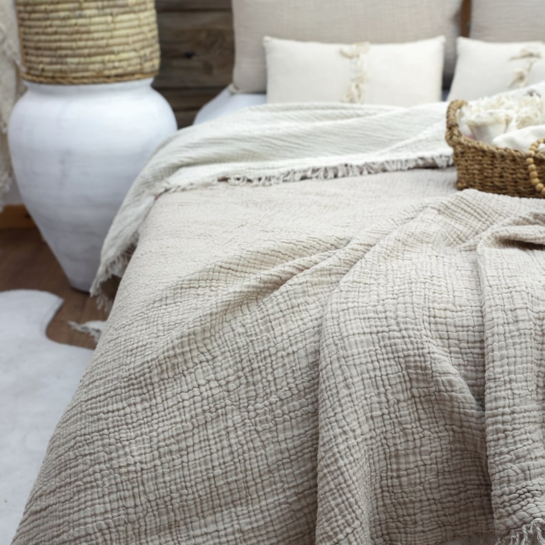 Gauze Cotton Muslin Bed Cover, OEKO-TEX Certified, Queen or King Size Bedspread, Organic Throw Blanket Ivory - Ecru