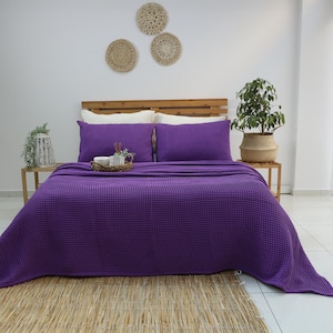 Sage Green Waffle Blanket: Organic Turkish Cotton Bed Cover Purple