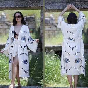 Organic Fringes Muslin Kimono, Evil Eye Cotton Robe, Cotton Kaftan Iso