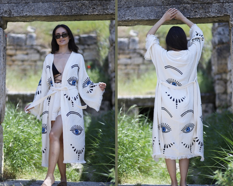 Organic Fringes Muslin Kimono, Evil Eye Cotton Robe, Cotton Kaftan Iso