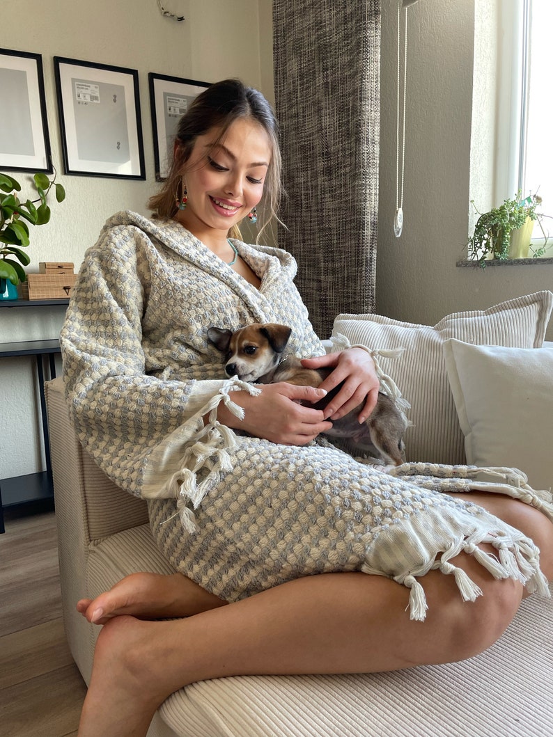 Unique Cotton Hoodie Bathrobe, Thick Handwoven Robe, Turkish Towel Robe, Bridesmaid Robe Gray