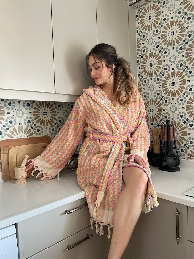 Unique Cotton Hoodie Bathrobe, Thick Handwoven Robe, Turkish Towel Robe, Bridesmaid Robe image 3