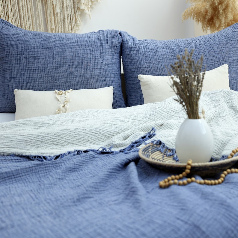 Gauze Cotton Muslin Bed Cover, OEKO-TEX Certified, Queen or King Size Bedspread, Organic Throw Blanket Indigo Blue - Ecru