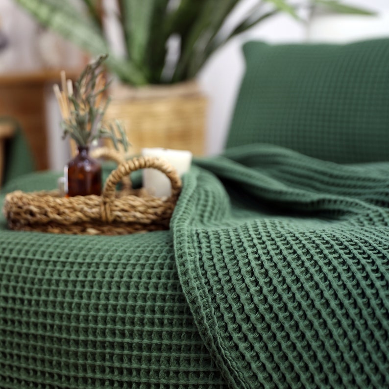 Boho Waffle Blanket, Cotton Queen or King Size Bedspread, Turksih Waffle Blanket, Soft Bed Throw, Royal Green