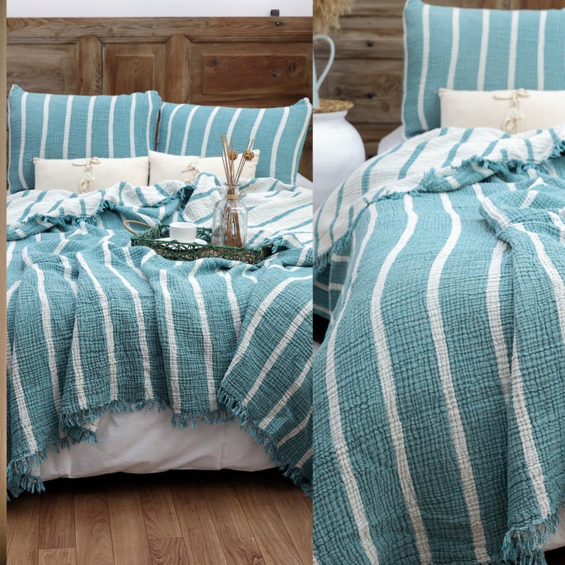 Gauze Cotton Striped Blanket, Linen Bedding Set, Muslin Bedspread, Boho Sofa Throw Mint