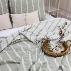 Gauze Cotton Striped Blanket, Linen Bedding Set, Muslin Bedspread, Boho Sofa Throw Sage Green