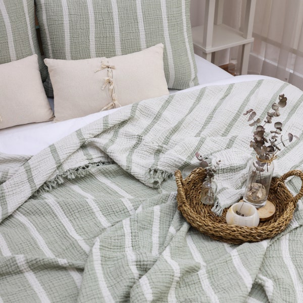 Striped Muslin Blanket: Organic Gauze Cotton Bedding Set