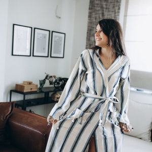 Organic Linen Hooded Robe, Linen Pockets Bathrobe, Thin Dressing Gown, Cotton Bathrobe Navy Stripes