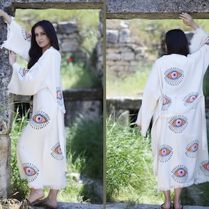 Organic Fringes Muslin Kimono, Evil Eye Cotton Robe, Cotton Kaftan Melo