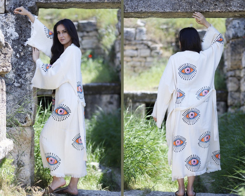 Organic Fringes Muslin Kimono, Evil Eye Cotton Robe, Cotton Kaftan Melo