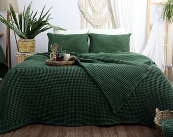 Boho Royal Green Cotton Waffle Blanket: Queen/King Size Bedspread