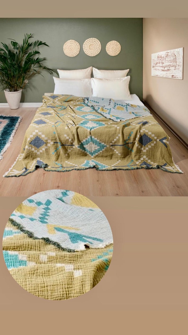 King Size Jacquard Gauze Cotton Bedspread, Muslin Blanket, Boho Bedding, Minimalist Muslin Bedcover image 10