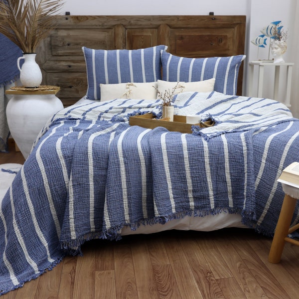 Muslin Cotton Striped Blanket, Linen Bedding Set, Muslin Bedspread, Duvet Cover, Boho Sofa Throw