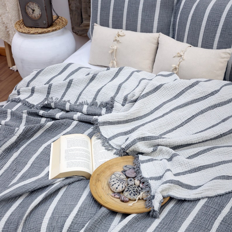 Gauze Cotton Striped Blanket, Linen Bedding Set, Muslin Bedspread, Boho Sofa Throw Anthracite