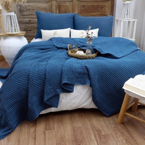Waffle Cotton Bed Cover, Queen or King Size Bedspread, Soft Bed Throw Petrol Blue