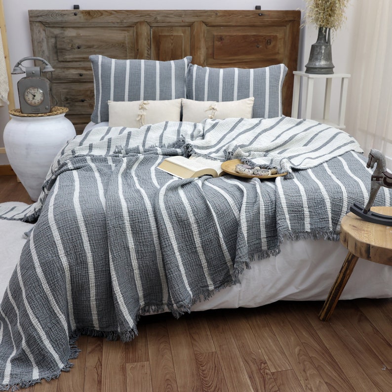Gauze Cotton Striped Blanket, Linen Bedding Set, Muslin Bedspread, Boho Sofa Throw image 8
