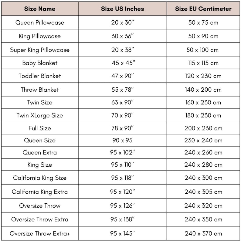 May include: A table showing the different sizes of pillowcases and blankets in both US inches and EU centimeters. The table includes sizes like Queen Pillowcase, King Pillowcase, Super King Pillowcase, Baby Blanket, Toddler Blanket, Throw Blanket, Twin Size, Twin XLarge Size, Full Size, Queen Size, Queen Extra, King Size, California King Size, California King Extra, Oversize Throw, Oversize Throw Extra, and Oversize Throw Extra+.