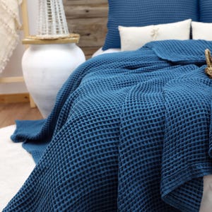 Sage Green Waffle Blanket: Organic Turkish Cotton Bed Cover Petrol Blue